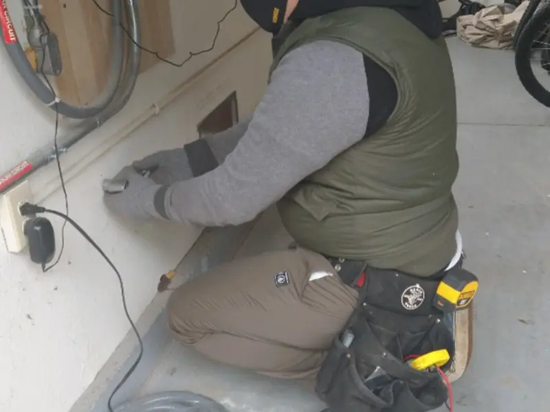 Electrician performing outlet wiring in a Lanett garage